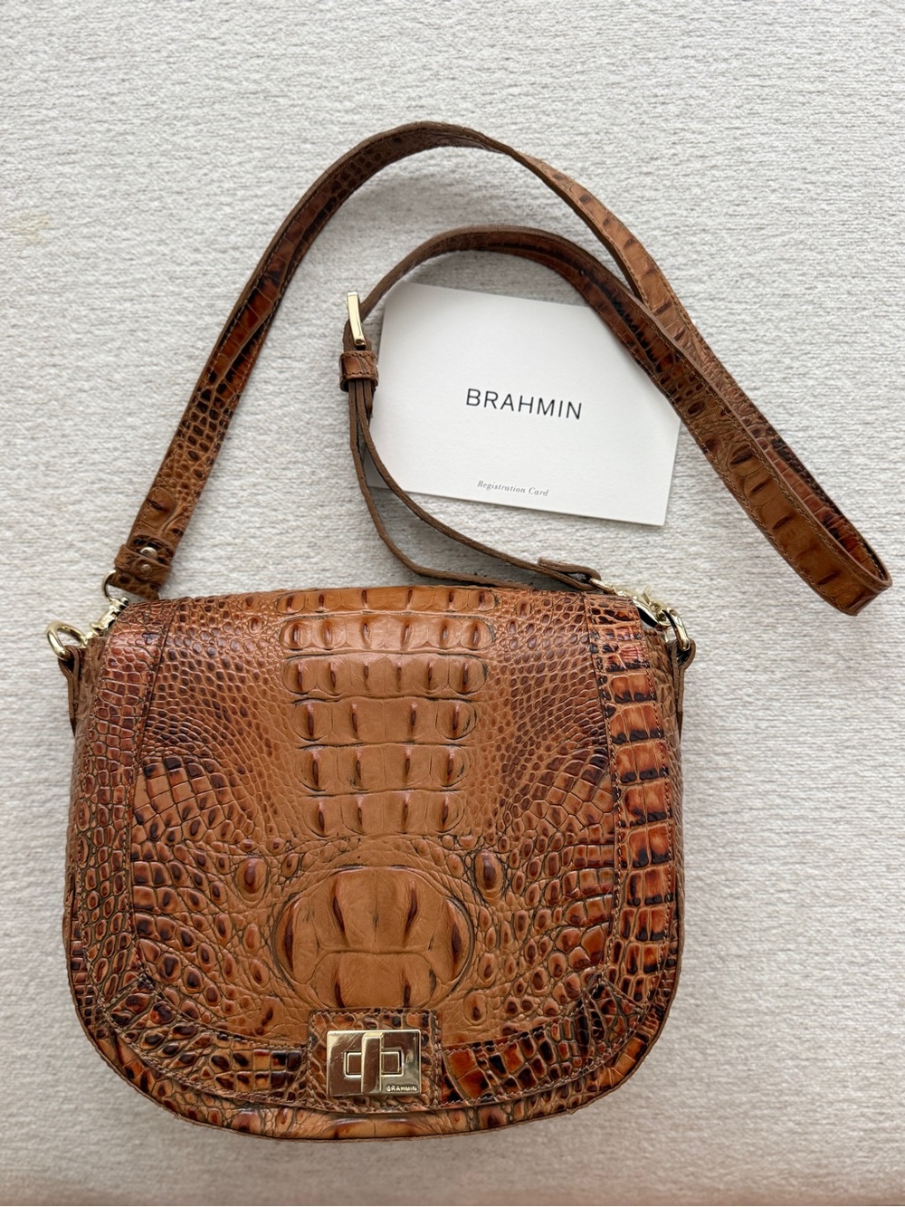 Brahmin Sonny Toasted Almond Melbourne Crossbody Bag Crocodile Embossed Leather